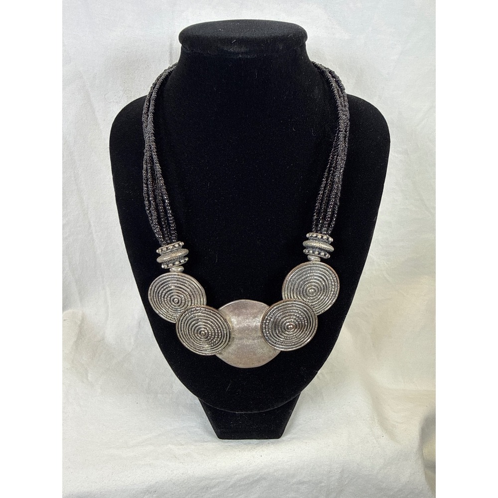 Chicos Statement Necklace Black Seed Bead Silver Tone Spiral Disc Medallion Boho